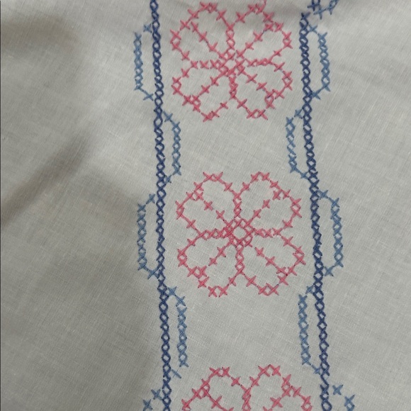 Embroidered Oval Tablecloth - White with Pink and Blue Accents - Picture 11 of 11